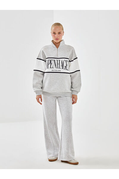 LC Waikiki Stand Collar Printed Oversize Women's Thick Sweatshirt