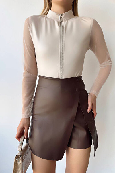 bacc Beige Sleeves Tulle Detailed Zippered Snap Blouse Bchn-2526260