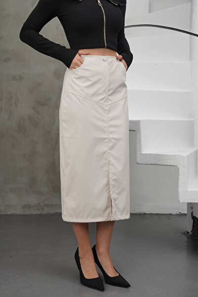 bacc White Midi Length Slit Faux Leather Skirt Bchn-2526428