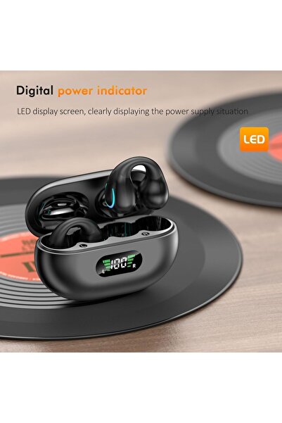 Zen Store BUABMEQ Clip-On Bluetooth 5.3 Open-Ear Earbuds Q71 with LED Case, IPX7 (Deep Black)