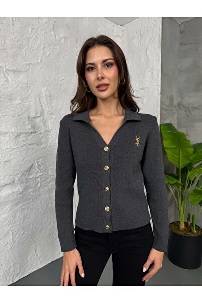 Elif Özbey Butik Anthracite Gold Buttoned Polo Neck Cardigan