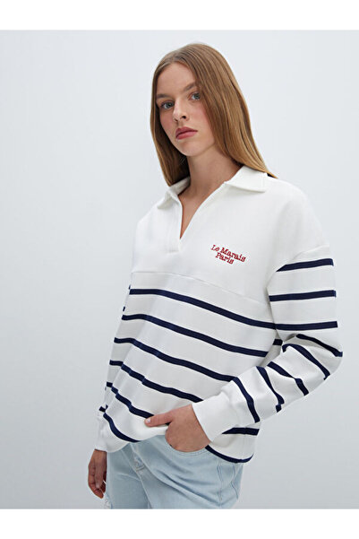 LC Waikiki Γυναικείο χοντρό φούτερ με ριγέ γιακά πόλο oversized