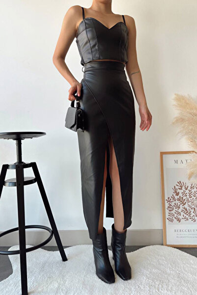 bacc Black High Waist Double-Breasted Cut Faux Leather Skirt Bchn-25260083