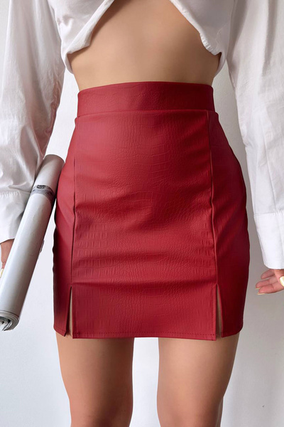 bacc Burgundy Croco Pattern Double Slit Skirt Bchn-2526649