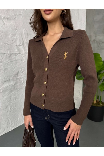 Elif Özbey Butik Brown Gold Buttoned Polo Neck Cardigan