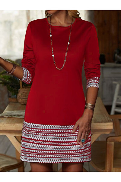 Meleners Women's Long Sleeve Crew Neck Printed Two Thread Dress at Cuff and Hem