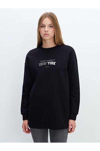 LC Waikiki Дамска туника с дебел суитшърт и щампа, голям размер, с кръгло деколте