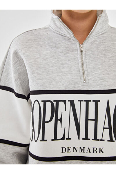 LC Waikiki Stand Collar Printed Oversize Women's Thick Sweatshirt