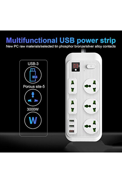 Zen Store شريط طاقة متعدد الرؤوس عالمي مع سلك بطول 2 متر، شاشة رقمية، 3 منافذ USB (أبيض)