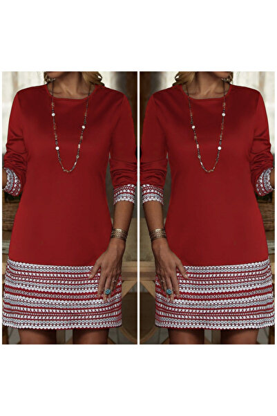 Meleners Women's Long Sleeve Crew Neck Printed Two Thread Dress at Cuff and Hem