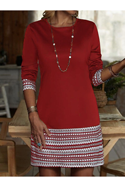 Meleners Women's Long Sleeve Crew Neck Printed Two Thread Dress at Cuff and Hem