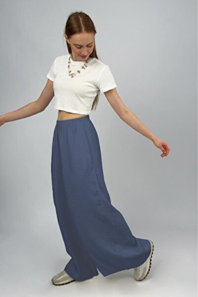 Betimoda Women's Modal High Waist Pocketed Elastic Waist Wide Leg Pants Indigo