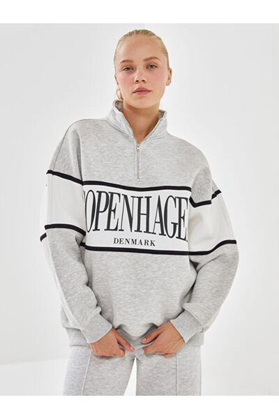 LC Waikiki Stand Collar Printed Oversize Women's Thick Sweatshirt