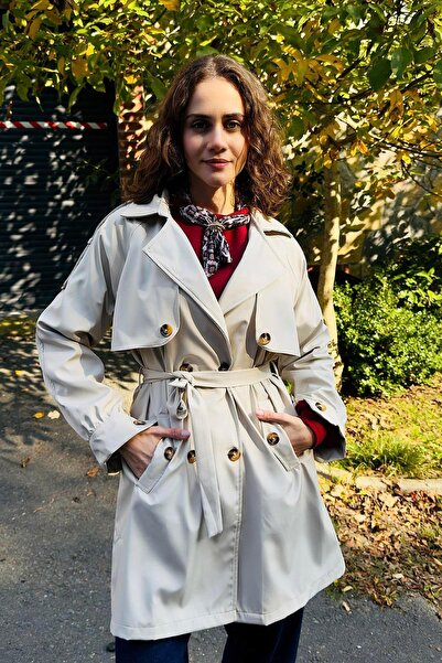 Raneel Kazançlı Alışveriş Women's Double-Breasted Collar Buttoned Belted Tren...