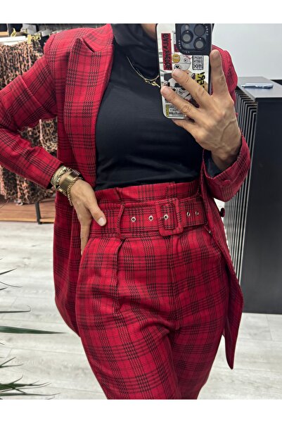 Lotus Boutique Kırmızı çizgili kemer detayli pantolon ceket takım