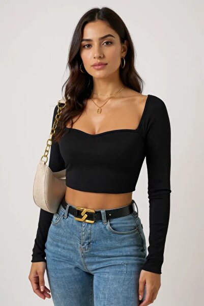 BİLGİMOLA Women's Black Long Sleeve Low-Cut Stylish Crop Top Blouse – Stylish...