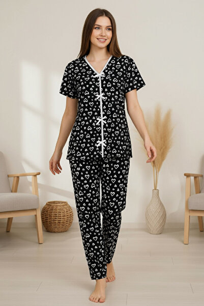BİLGİMOLA Women's Black Heart Patterned Bow Short Sleeve Long Pajama Set