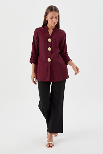 Shopping Shop قميص تونيك بزر بتصميم بوردو