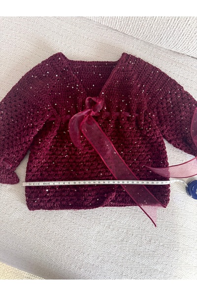 BY DİLEK ÇETİN ACCESSORY Hand-Knitted Sequin Cord Burgundy Color Ribbon Baby Cardigan