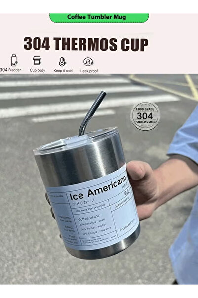 Generic 320ml 304 stainless steel coffee cup with straw and lid, suitable for both hot and cold use