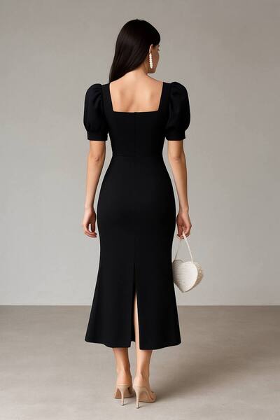 Varyete Balon Kol Midi Boy Atlas Kumaş Yırtmaçlı Elbise Düğün Nişan Söz Mezuniyet