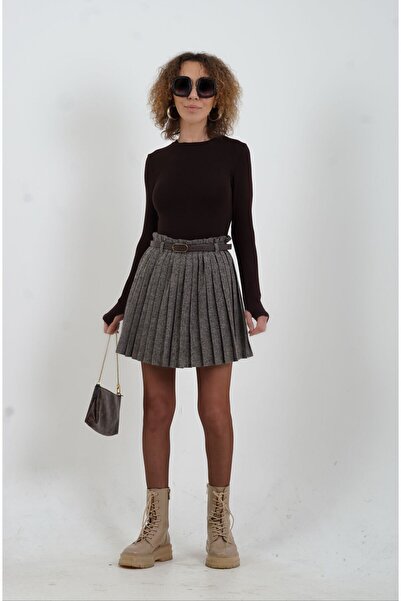 Zelish My Sister Beige Belted Pleated Mini Skirt with Shorts Lining Inside