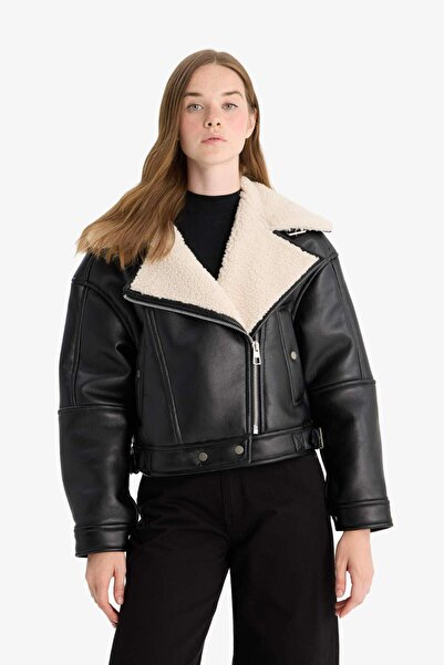 DeFacto Oversized Wide Fit Faux Fur Lined Zip-Up Faux Leather Jacket Coat F1826Ax25Wn