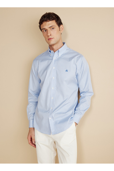BROOKS BROTHERS Regular Fit Düğmeli Yaka Mavi - Beyaz Erkek Gömlek BBFW25MSH005