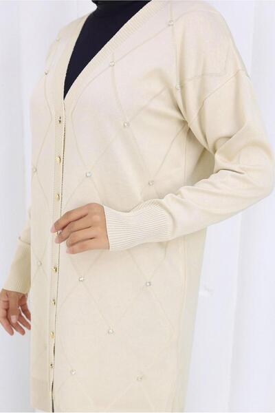 TRENDTESETTÜR Women's Beige (Stone) Baklava Patterned Long Cardigan t 6423