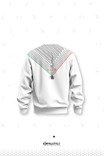 PALSTYLE Filistin Keffiyeh Desenli Unisex Beyaz - Seyah Sweatshirt Oversize