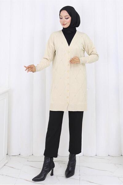 TRENDTESETTÜR Women's Beige (Stone) Baklava Patterned Long Cardigan t 6423