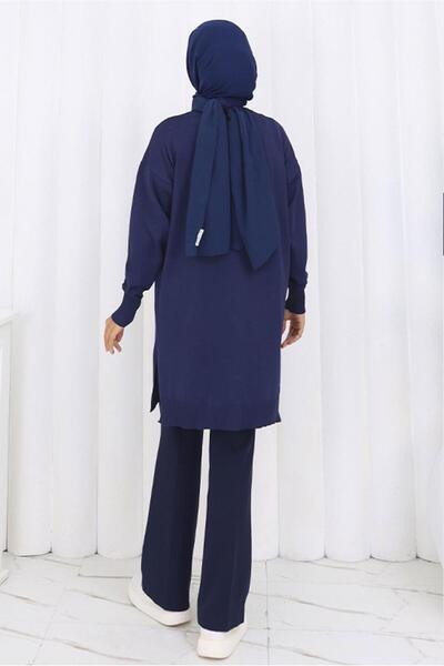 TRENDTESETTÜR Women's Navy Blue Baklava Patterned Long Cardigan t 6423