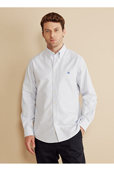 BROOKS BROTHERS Regular Fit Düğmeli Yaka Mavi - Beyaz Erkek Gömlek BBFW25MSH004