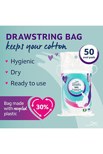 Lil-Lets Baby Cotton Wool Oval Pads, Certified Organic, 100% Pure Cotton Wool-Pack of 50 Oval Pads