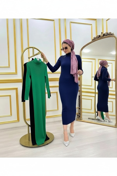 MaxiMor Women's Navy Blue Color Mock Neck Ribbed Knit Fabric Long Sleeve Pencil Dress Suitable for Hijab Height Cm135 Cm1
