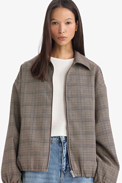 DeFacto Zippered Checkered Taffeta Jacket G2872Ax25Wn