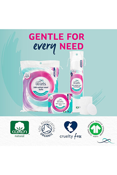 Lil-Lets Cotton Wool Round Pads, Certified Organic, 100% Pure Cotton Wool-100units