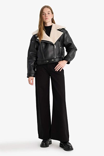 DeFacto Oversized Wide Fit Faux Fur Lined Zip-Up Faux Leather Jacket Coat F1826Ax25Wn