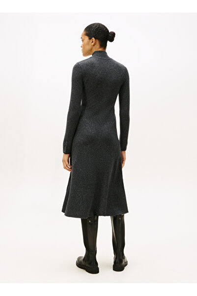 Tommy Hilfiger Dik Yaka Düz Gri Uzun Kadın Elbise WW0WW47303P4E