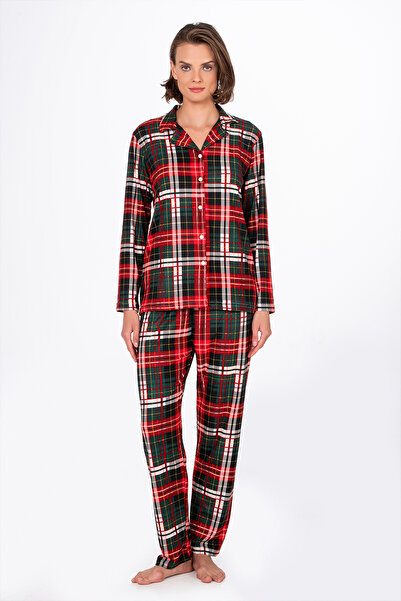 Kompedan Kadın Süet Önden Düğmeli Pijama Takımı | Yeşil Ekose