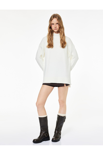 Koton Long Sleeve Mock Neck Slit Detailed Oversized Knitwear Tunic
