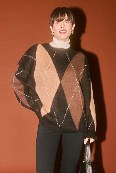 DeFacto Oversized Wide Fit Crew Neck Diamond Pattern Knitwear Sweater G6544Ax25Wn