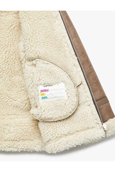 Koton Plush Collar Long Sleeve Pocket Zipper Faux Leather Jacket