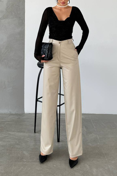 MILANOFOX Women's Beige Palazzo High Waist Faux Leather Wide Leg Pocket Detailed Knitted Trousers