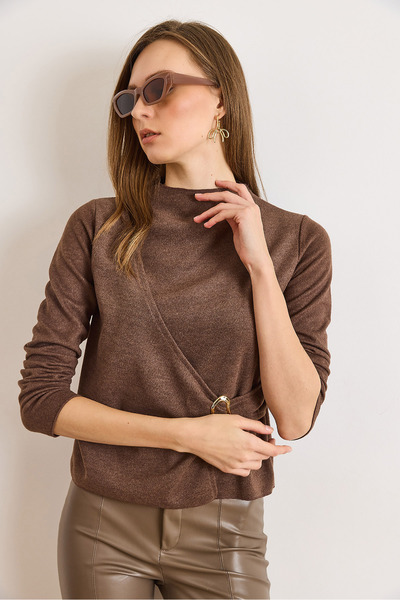 Olalook Women's Bitter Brown Mock Neck Accessory Detailed Flowy Thessaloniki Blouse Blz-19003163