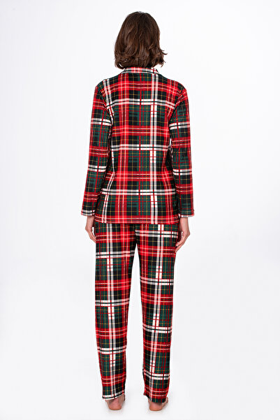 Kompedan Kadın Süet Önden Düğmeli Pijama Takımı | Yeşil Ekose