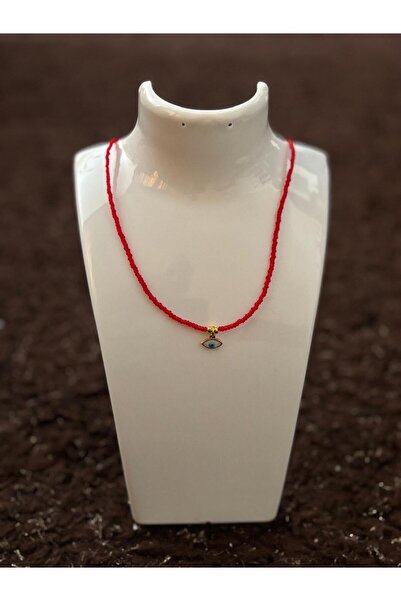 golden takış Red Color Blue Beaded Necklace