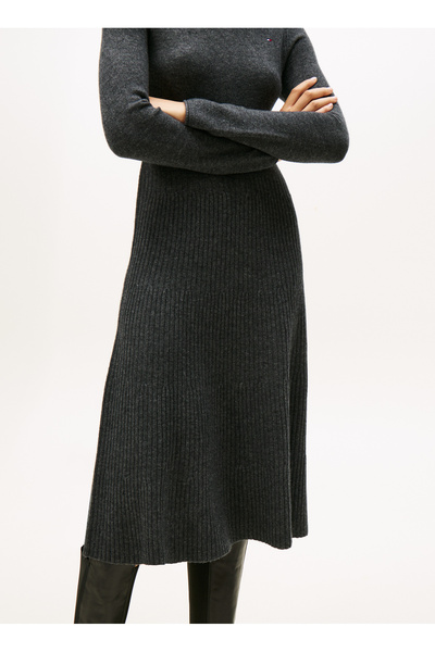 Tommy Hilfiger Dik Yaka Düz Gri Uzun Kadın Elbise WW0WW47303P4E