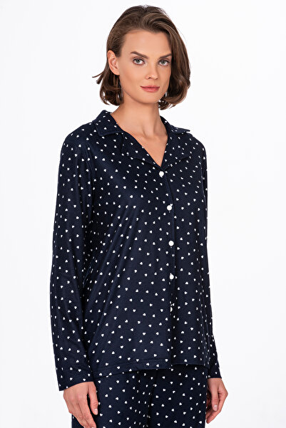 Kompedan Kadın Süet Önden Düğmeli Pijama Takımı | Kalpli Lacivert