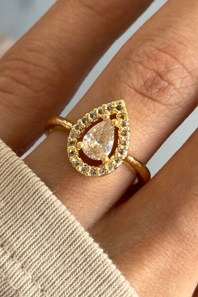 TAKIŞTIR خاتم قابل للتعديل بتفاصيل حجر ذهبي اللون